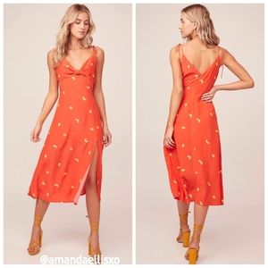 ASTR The Label Brigitte Tie Strap Orange Slice Print Midi Dress Atomic Orange